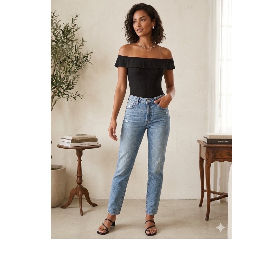 Who What Wear Black Ribbed Off The Shoulder Ruffle Bodysuit M Dark Academia